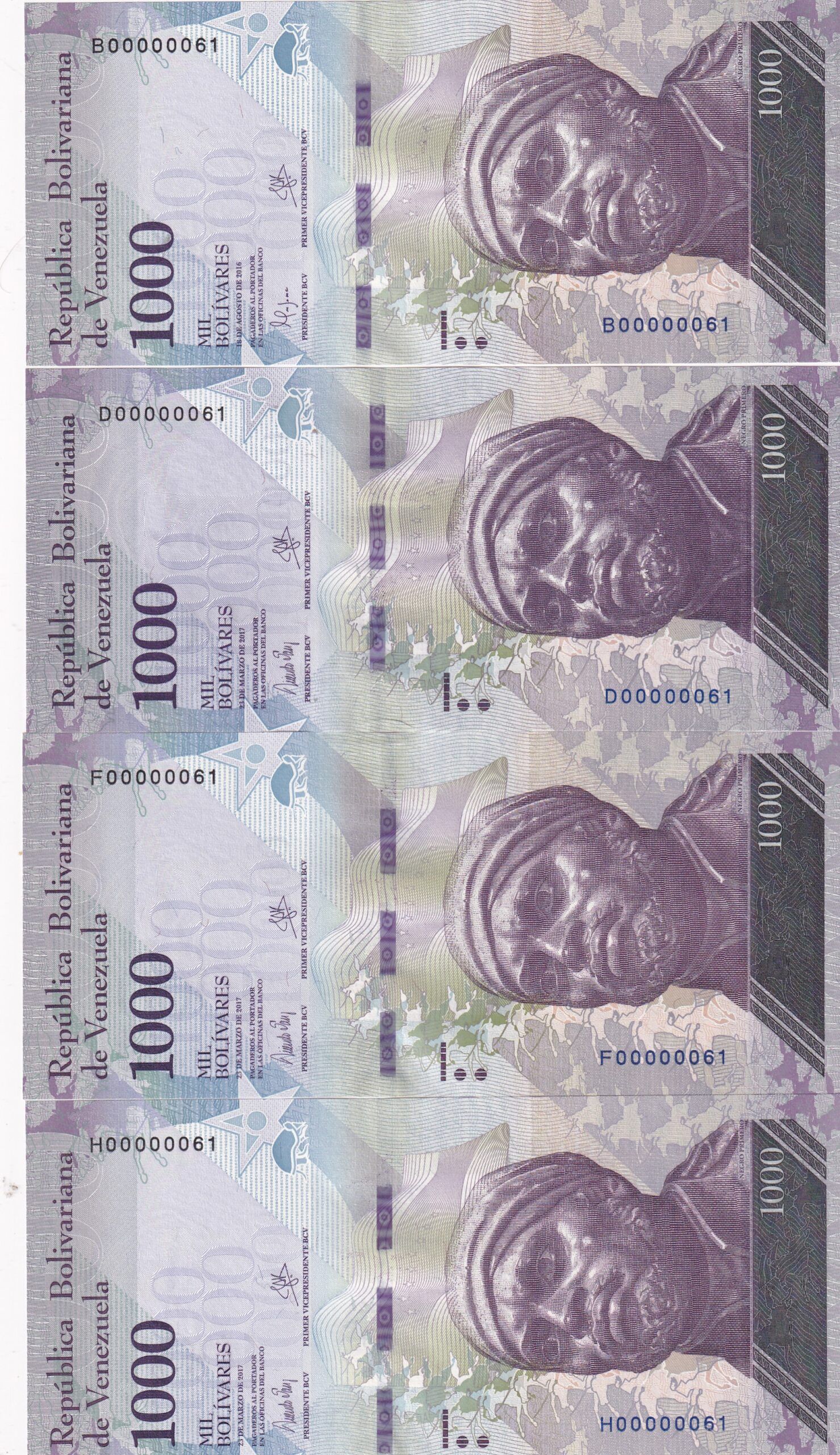 imagen-13-32394.jpg CRBX2553 4 BILLETES VENEZUELA 1000 BOLIV. 2017 SERIE DIF. NUM BAJA IGUAL - Imagen 1