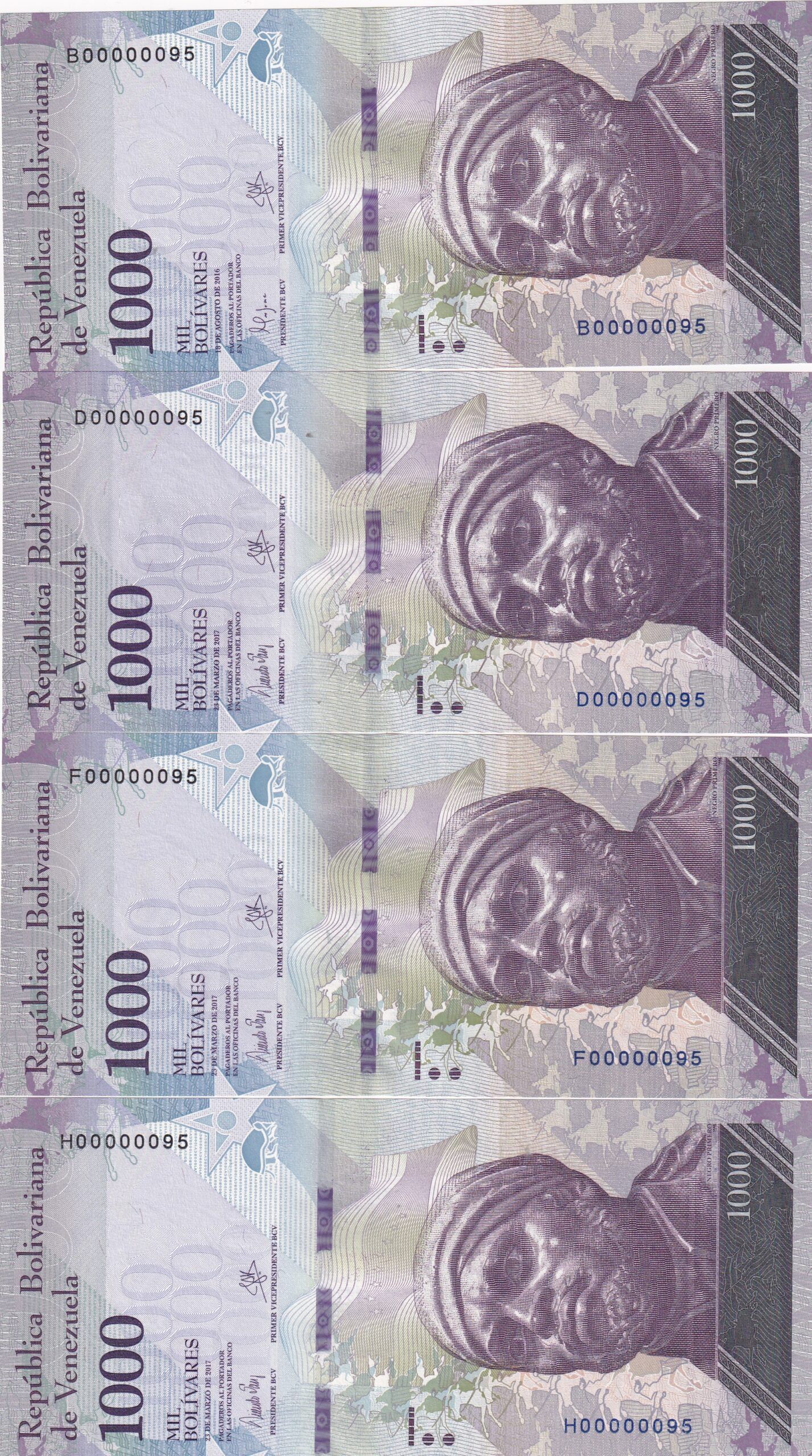 imagen-13-32396.jpg CRBX2555 4 BILLETES VENEZUELA 1000 BOLIV. 2017 SERIE DIF. NUM BAJA IGUAL - Imagen 1