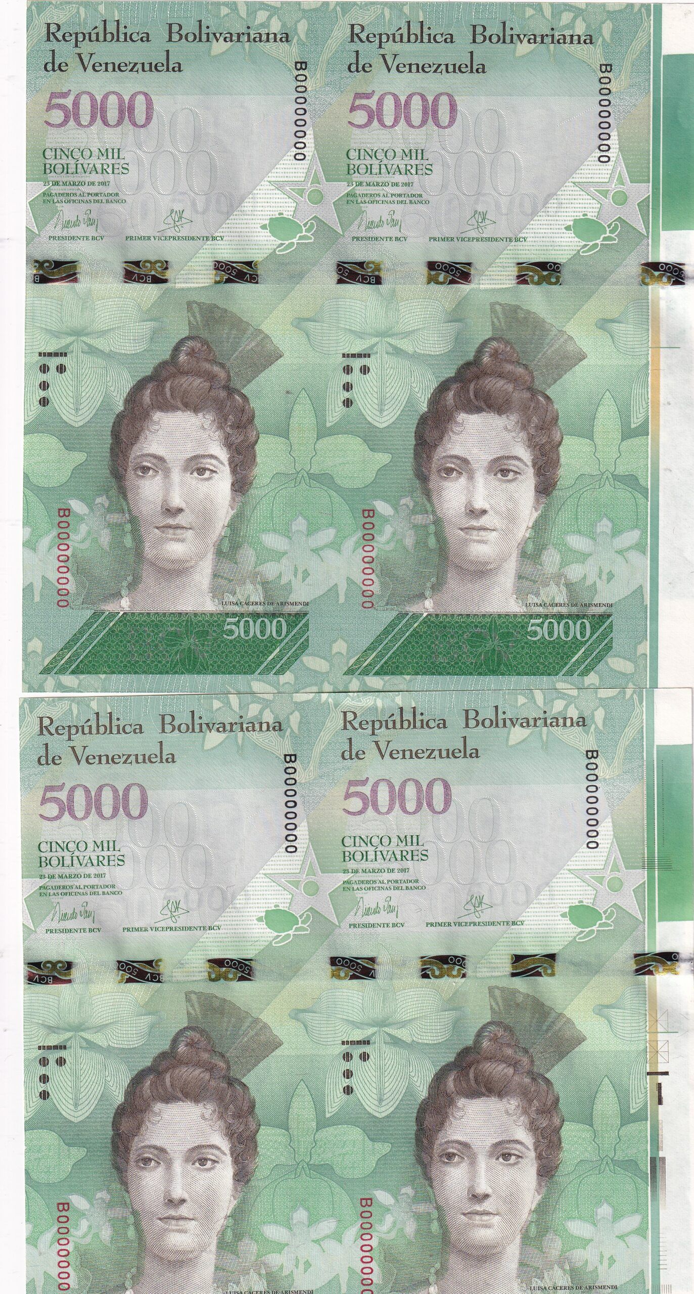 imagen-13-32397.jpg CRBX2556 4 BILLETES DOBLES VENEZUELA 5000 BOLIV. 2017 ERROR PROGESIVO - Imagen 1