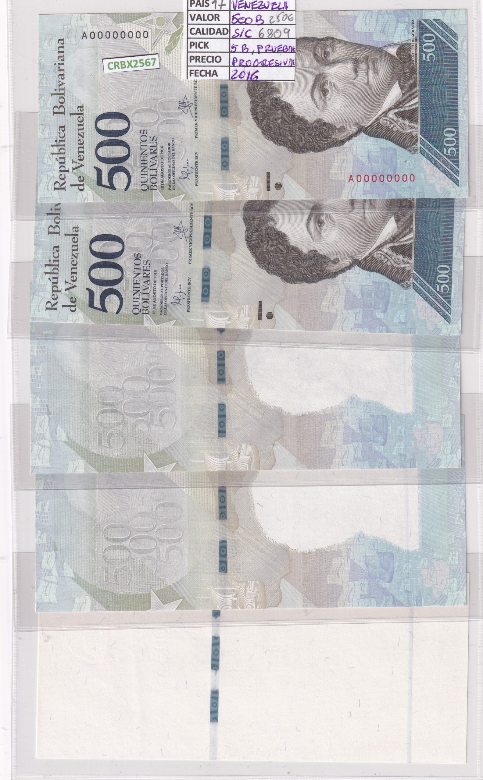 imagen-13-32408.jpg CRBX2567 5 BILLETES VENEZUELA 500 BOLIVARES 2016 PRUEBAS PROGRESIVAS - Imagen 1