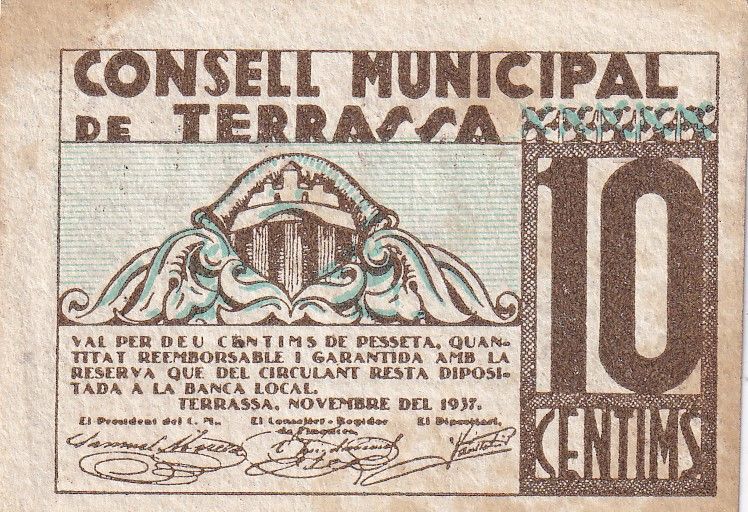 imagen-13-32771.jpg CRBL0495 BILLETE LOCAL ESPAÑA TARRASA 10 CENTIMOS 1937 MBC - Imagen 1