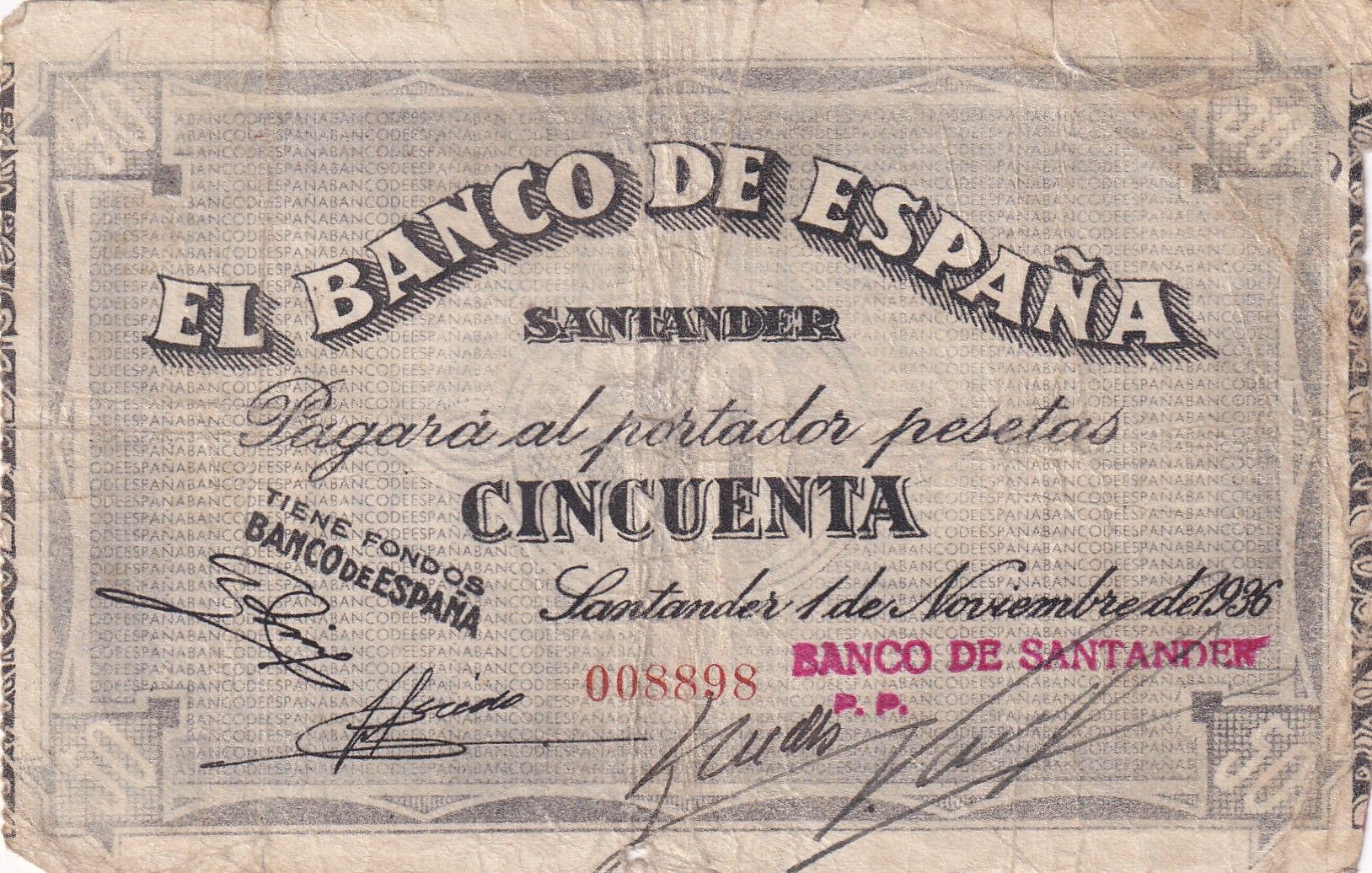 imagen-13-32784.jpg CRBL0508 BILLETE LOCAL ESPAÑA SANTANDER 50 PESETAS 1936 BC+ - Imagen 1