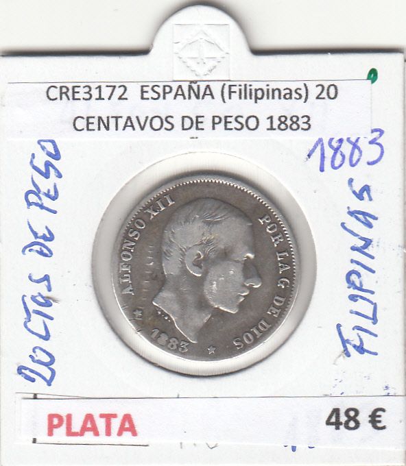 imagen-13-32805.jpg CRE3172 MONEDA ESPAÑA FILIPINAS 20 CENTAVOS DE PESO 1883 MBC PLATA - Imagen 1