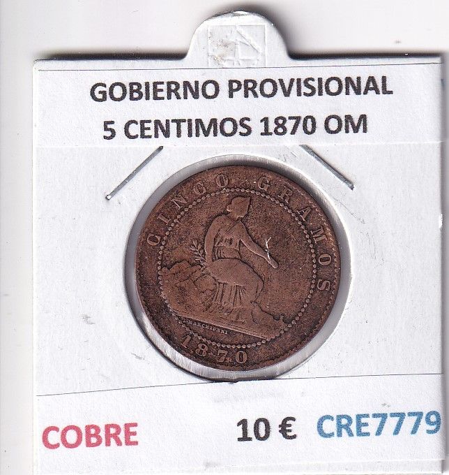 imagen-13-32873.jpg CRE7779 MONEDA ESPAÑA GOBIERNO PROVISIONAL 5 CENTIMOS 1870 OM COBRE - Imagen 1