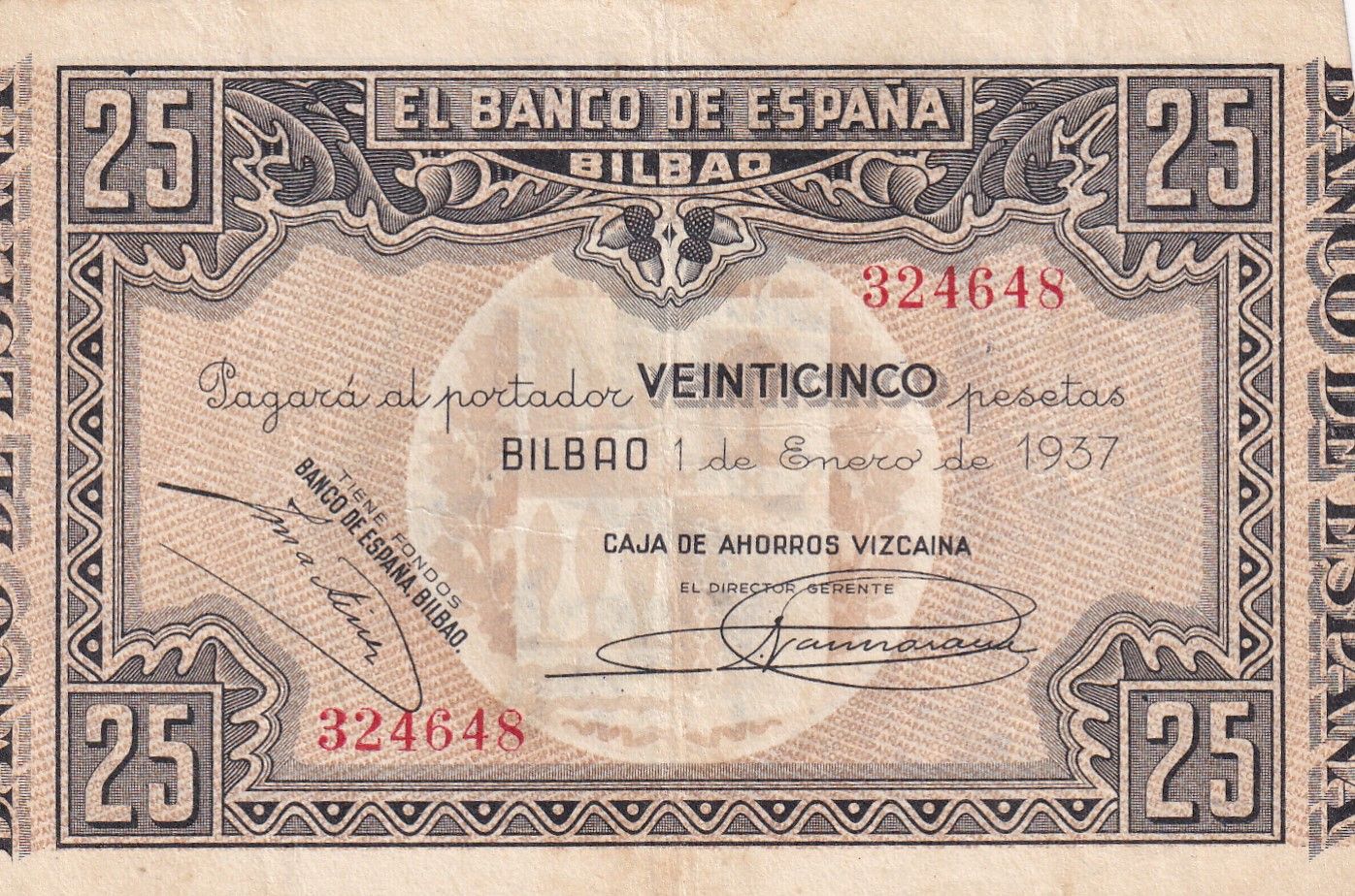imagen-13-32987.jpg CRBL0515 BILLETE ESPAÑA LOCAL BILBAO 25 PESETAS 1937 MBC - Imagen 1