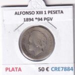 CRE7884 MONEDA ESPAÑA ALFONSO XIII 1 PESETA 1894 *94 PGV PLATA