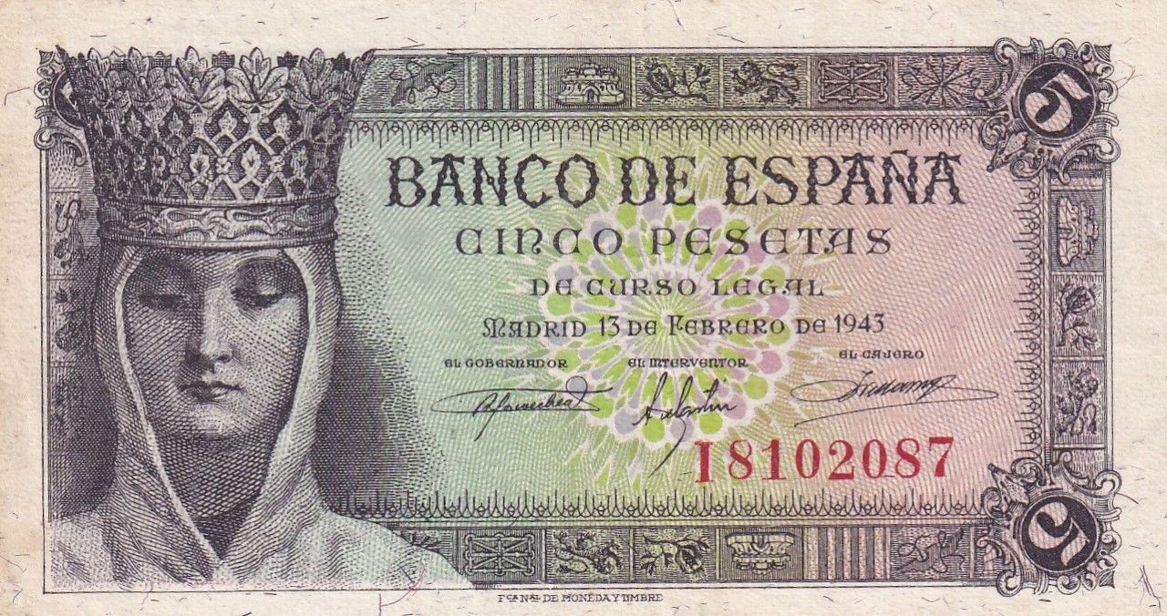imagen-13-33078.jpg CRBS1825 BILLETE ESPAÑA 5 PESETAS 1943 SERIE I MBC+ - Imagen 1