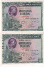CRBS1859 PAREJA CORRELATIVA BILLETES ESPAÑA 500 PESETAS 1928 SIN SERIE EBC