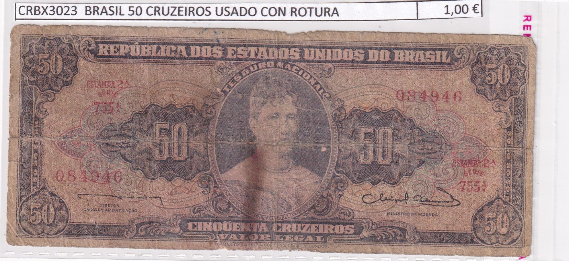 imagen-13-33376.jpg CRBX3023 BILLETE BRASIL 50 CRUZEIROS USADO CON ROTURA - Imagen 1