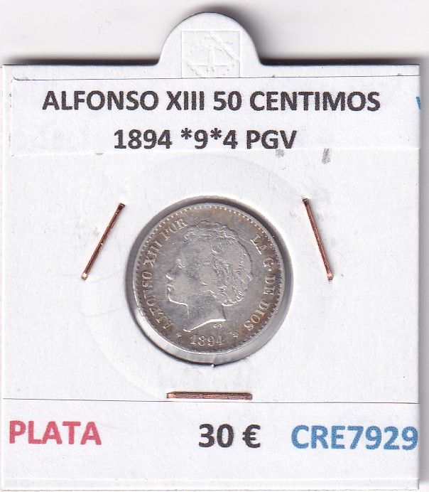 imagen-13-33681.jpg CRE7929 MONEDA ESPAÑA ALFONSO XIII 50 CENTIMOS 1894 *9*4 PGV PLATA - Imagen 1