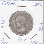 MONEDA ESPAÑA 2 PESETAS ALFONSO XIII 1892 PLATA
