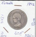 MONEDA ESPAÑA 2 PESETAS ALFONSO XIII 1892 PLATA