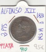 MONEDA ESPAÑA PLATA ALFONSO XII 2 PESETAS 1881 PLATA