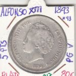 MONEDA ESPAÑA ALFONSO XIII 5 PESETAS 1893 PLATA