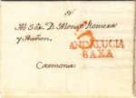 CRCAR002 ESPAÑA (PREFILATELIA) CARTA COMPLETA DE MORON DE LA FRA. A CARMONA, AÑO 1829 MARCA 1 Y PORTEO 6 EN ROJO ANARANJADO