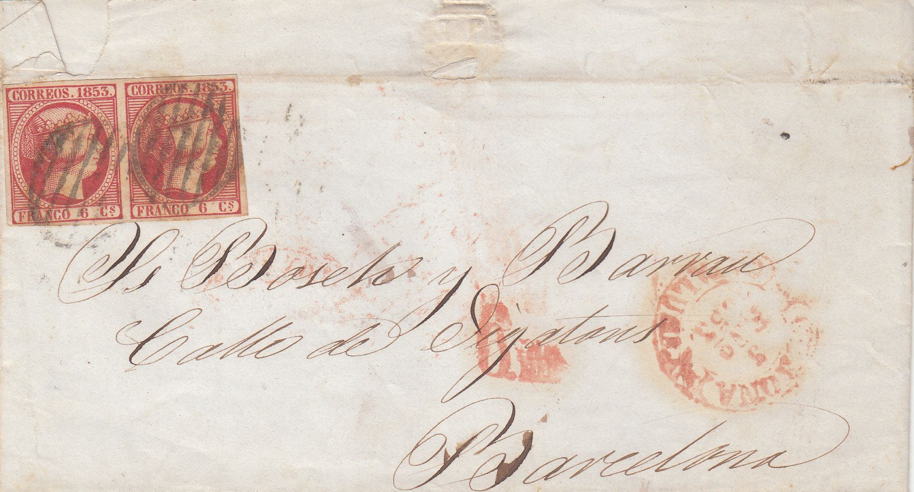 imagen-13-9056.jpg CRCAR018 CARTA GERONA A BARCELONA FRANQUEO 17 EN PAREJA MATASELLO PARRILLA NEGRA Y BAEZA Y MARCA 6 CM EN ROJO RARO - Imagen 1