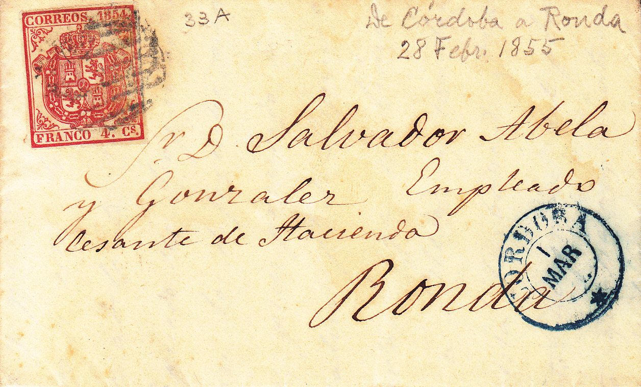 imagen-13-9146.jpg CRCAR075 CARTA COMPLETA CON SELLO Nº 33A (PAPEL AZULADO). DE CORDOBA A RONDA. FECHADOR AZUL - Imagen 1