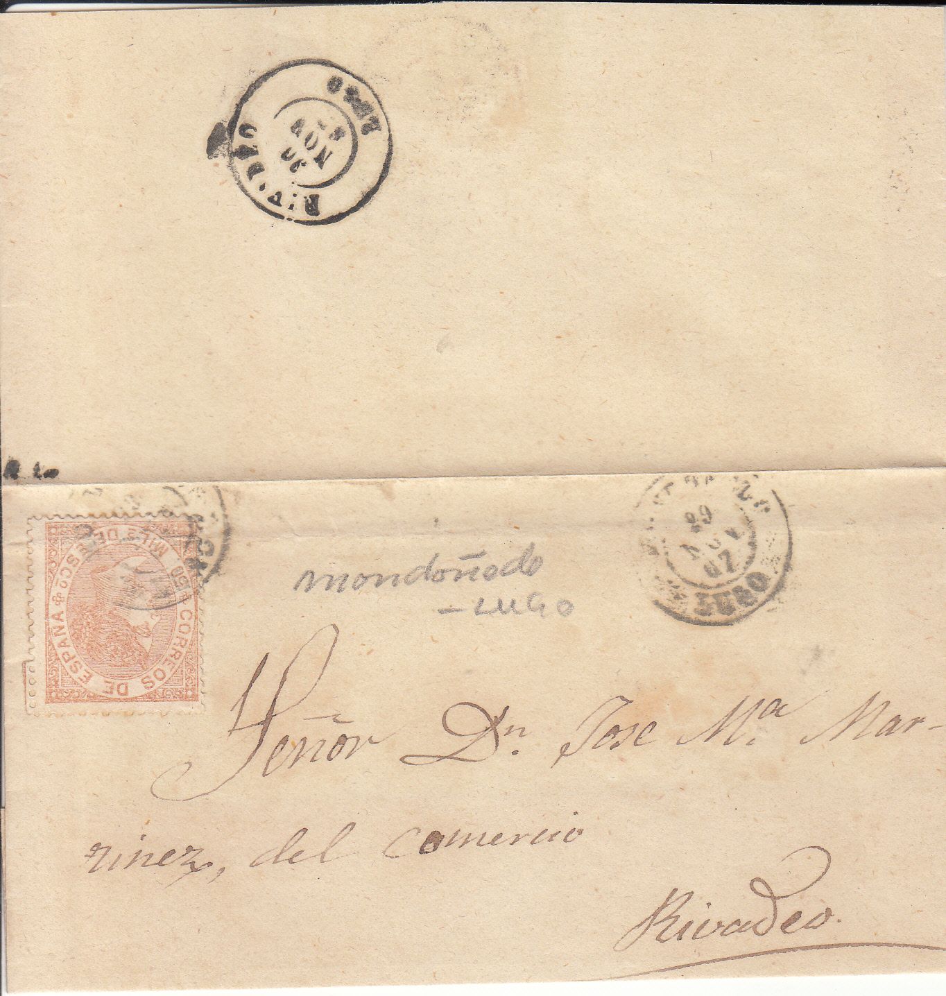 imagen-13-9306.jpg CRCAR111 FRAGMENTO DE CARTA DE MONDOÑEDO (LUGO) A RIBADEO (LUGO) CON SELLO Nº 96. FECHADOR NEGRO TIPO II. - Imagen 1