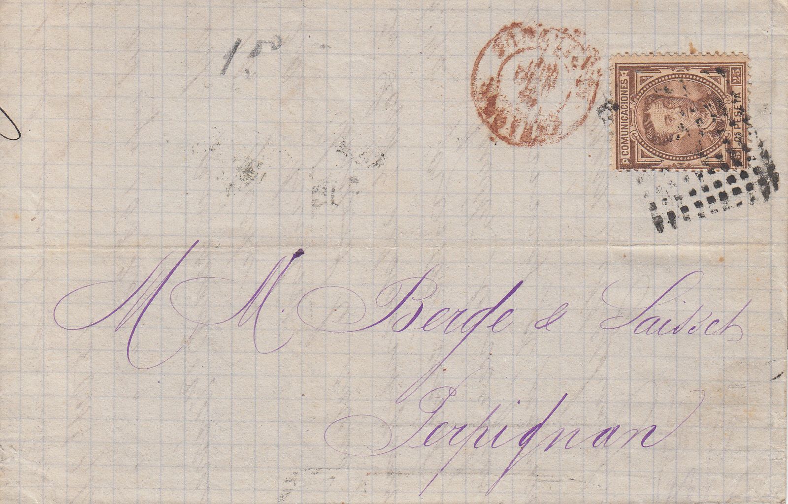 imagen-13-9328.jpg CRCAR134 CARTA COMPLETA DE BARCELONA A PERPIÑAN (FRANCIA) CON SELLO Nº 177. MATASELLOS ROMBO DE PUNTOS CON ESTRELLA. - Imagen 1