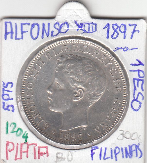 imagen-13-9504.jpg CRE1204 MONEDA ESPAÑA ALFONSO XIII 1897 1 PESO FILIPINAS PLATA - Imagen 1