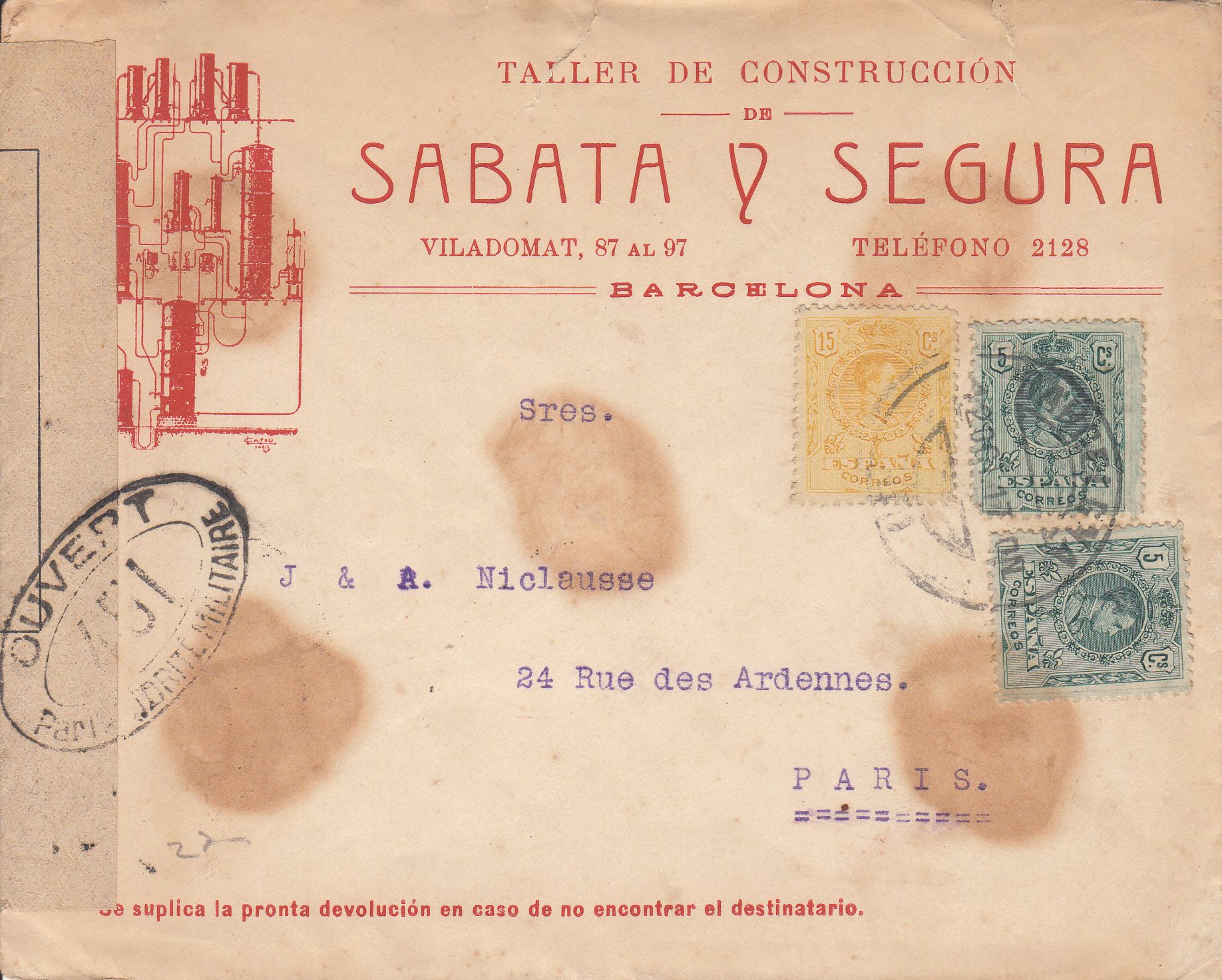 imagen-13-9549.jpg CRCAR146 SOBRE DE BARCELONA A PARIS CON SELLOS Nº 268 (2 UND) Y 271. BANDA DE CENSURA Y REVISIÓN POR LA AUTORIDAD MILITAR - Imagen 1