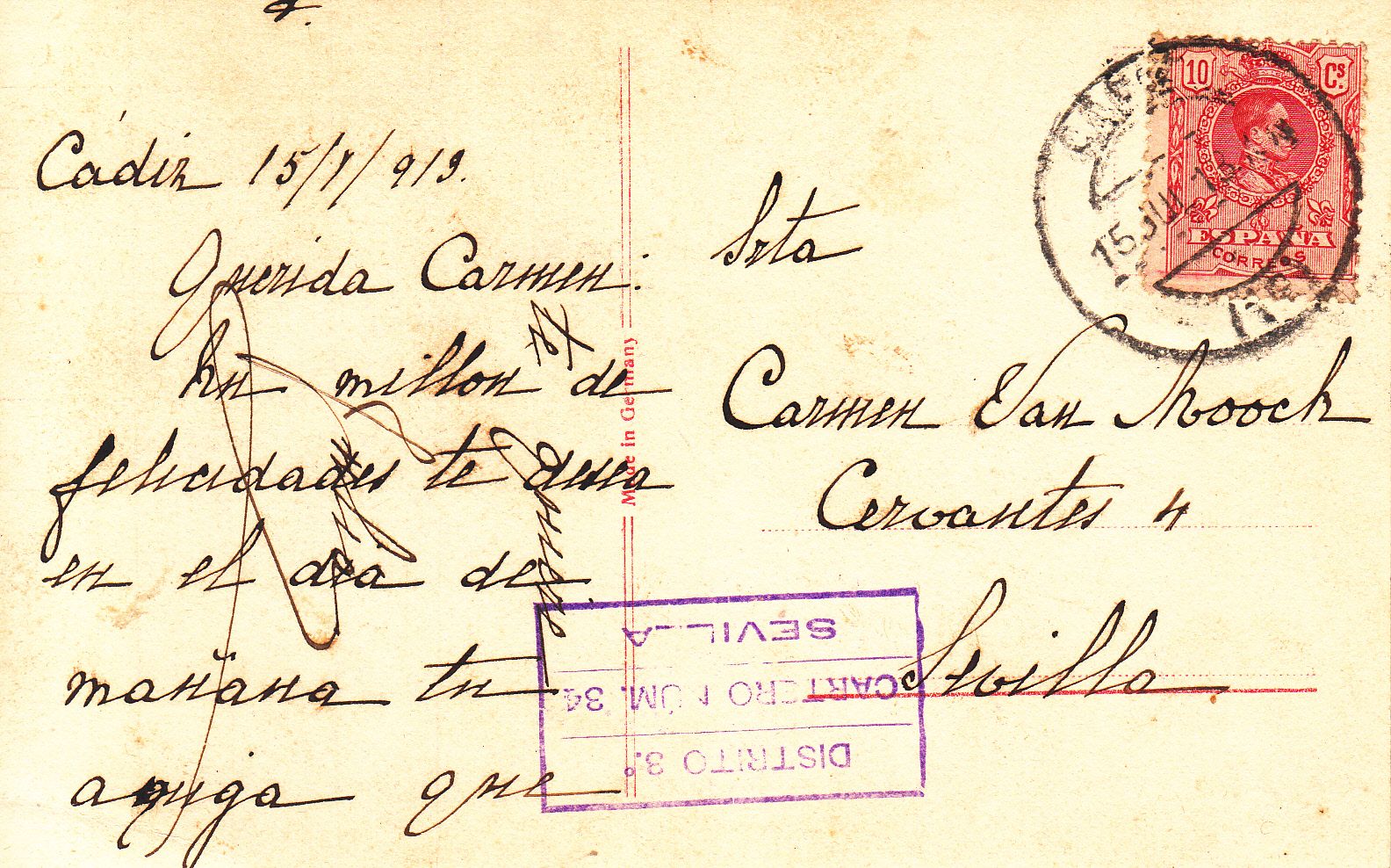 imagen-13-9552.jpg CRCAR149 TARJETA POSTAL DE CADIZ A SEVILLA CON SELLO Nº 269. FECHADOR 16-07-13 MARCA RECTANGULAR VIOLETA DEL DISTRITO 3º CARTER - Imagen 1
