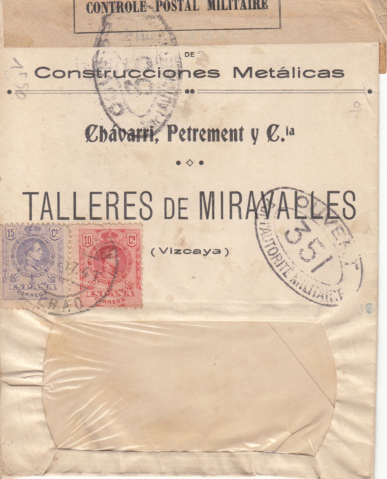 imagen-13-9558.jpg CRCAR155 SOBRE DE BILBAO A PARIS CON SELLOS Nº 269 Y 270. CENSURA MILITAR Nº 351 DE HABER SIDO REVISADA POR LA CENSURA MILITAR - Imagen 1