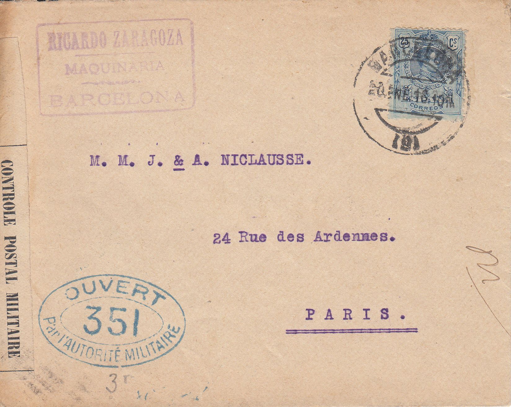 imagen-13-9566.jpg CRCAR163 SOBRE DE BARCELONA A PARIS CON SELLO Nº 274. BANDA LATERAL DE LA CENSURA FRANCESA Y MARCA Nº 351 EN OVALO NEGRO. - Imagen 1