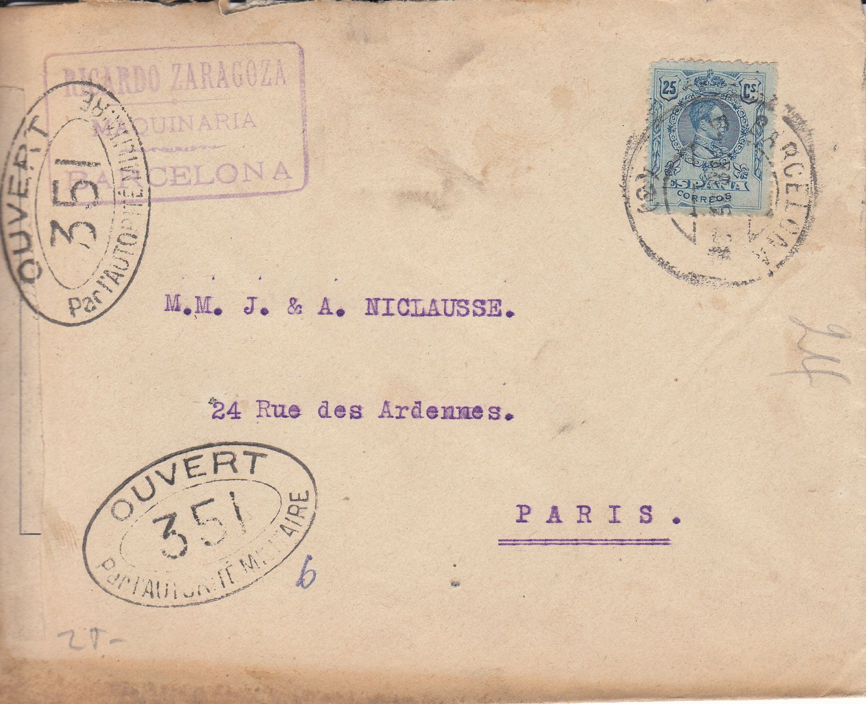 imagen-13-9567.jpg CRCAR164 SOBRE DE BARCELONA A PARIS CON SELLO Nº 274. BANDA LATERAL DE LA CENSURA FRANCESA Y MARCA Nº 351 EN OVALO NEGRO. - Imagen 1
