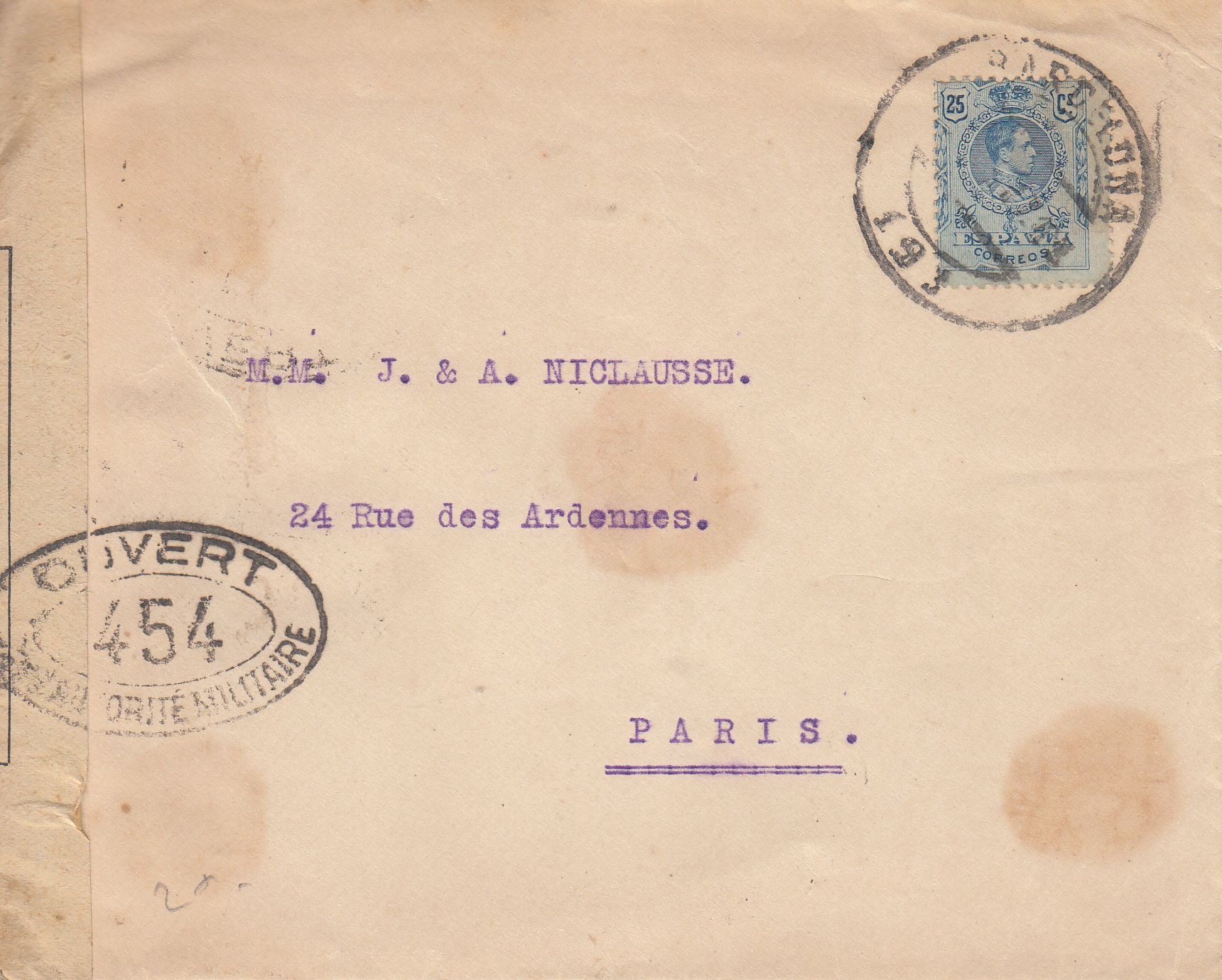 imagen-13-9572.jpg CRCAR169 SOBRE DE BARCELONA A PARIS CON SELLO Nº 274. BANDA LATERAL DE LA CENSURA FRANCESA Y MARCA Nº 354 EN OVALO NEGRO. - Imagen 1