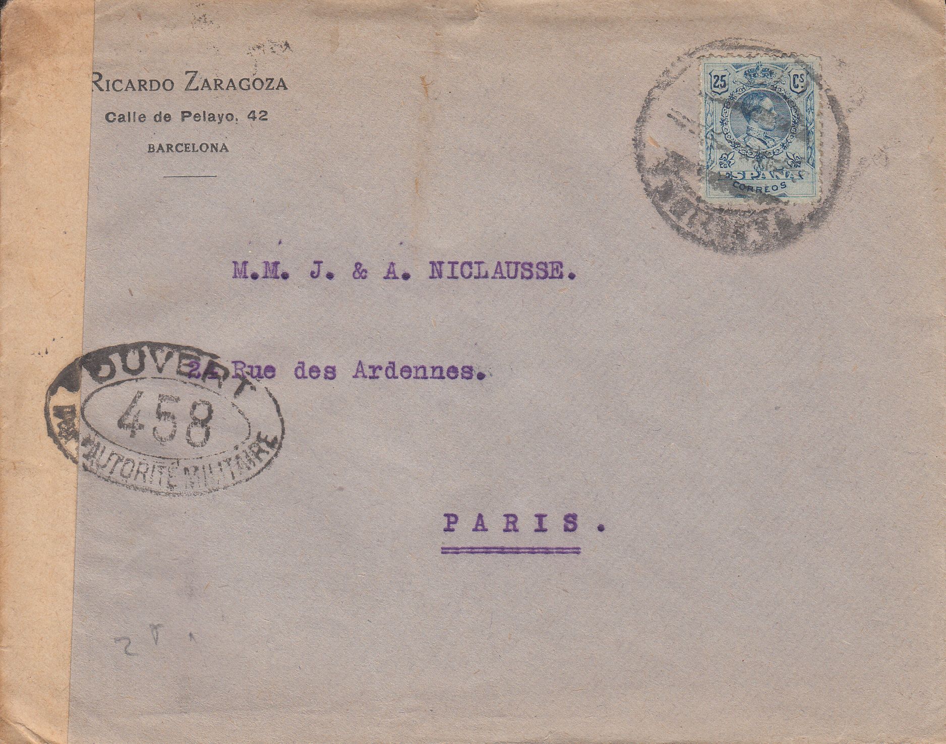 imagen-13-9573.jpg CRCAR170 SOBRE DE BARCELONA A PARIS CON SELLO Nº 274. BANDA LATERAL DE LA CENSURA FRANCESA Y MARCA Nº 458 EN OVALO NEGRO. - Imagen 1