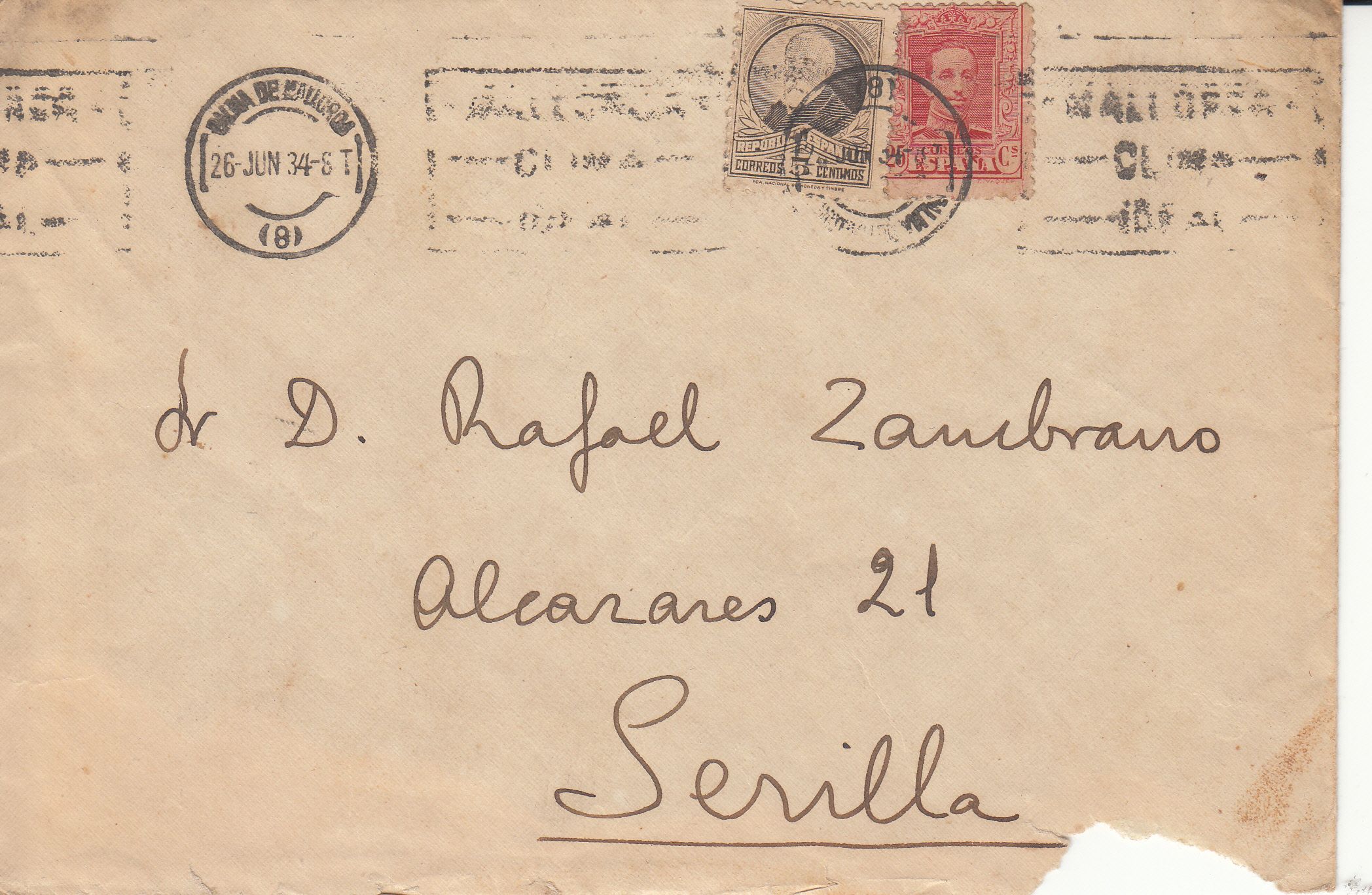 imagen-13-9580.jpg CRCAR177 SOBRE DE PALMA DE MALLORCA A SEVILLA CON SELLO Nº 317 Y 663 MATASELLO RODILLO 26-06-34 - Imagen 1