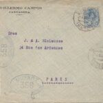 CRCAR178 SOBRE DE CARTAGENA A PARIS CON SELLO Nº 274 BANDA LATERAL DE CENSURA Y Nº 358 DE HABER SIDO REVISADA POR LA AUTORIDAD M