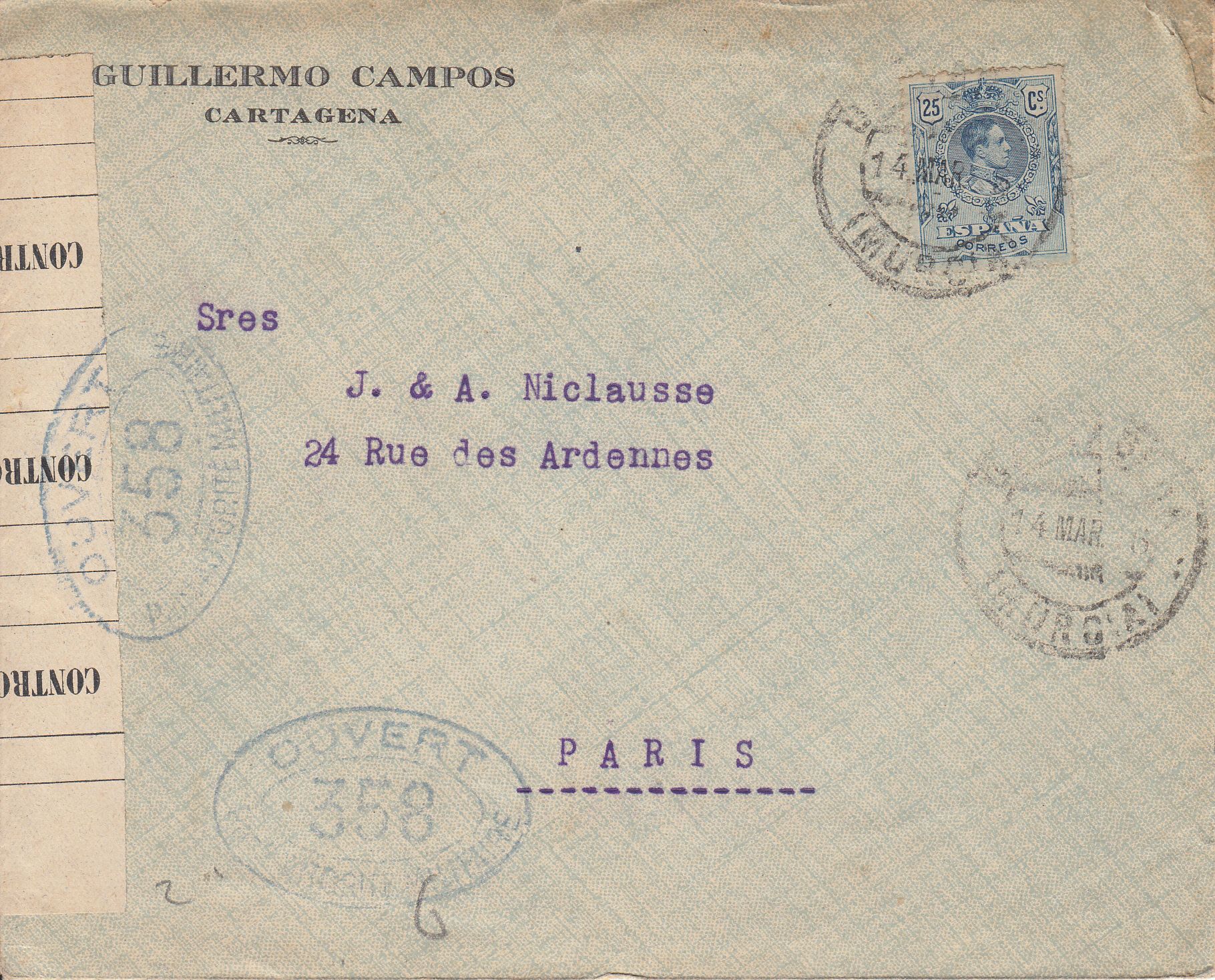 imagen-13-9581.jpg CRCAR178 SOBRE DE CARTAGENA A PARIS CON SELLO Nº 274 BANDA LATERAL DE CENSURA Y Nº 358 DE HABER SIDO REVISADA POR LA AUTORIDAD M - Imagen 1
