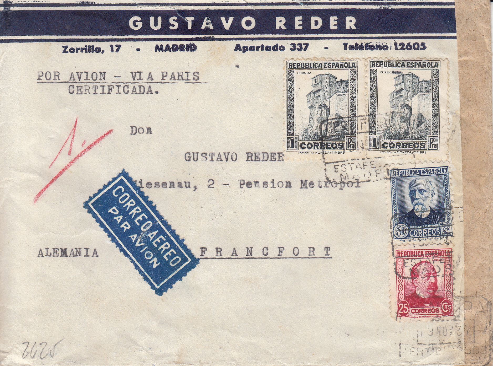 imagen-13-9592.jpg CRCAR184 SOBRE DE MADRID A FRANKFURT (ALEMANIA) CON SELLOS Nº 673 -2- 685 Y 688, CON MATASELLO CERTIFICADO DE MADRID. AL DORSO F - Imagen 1