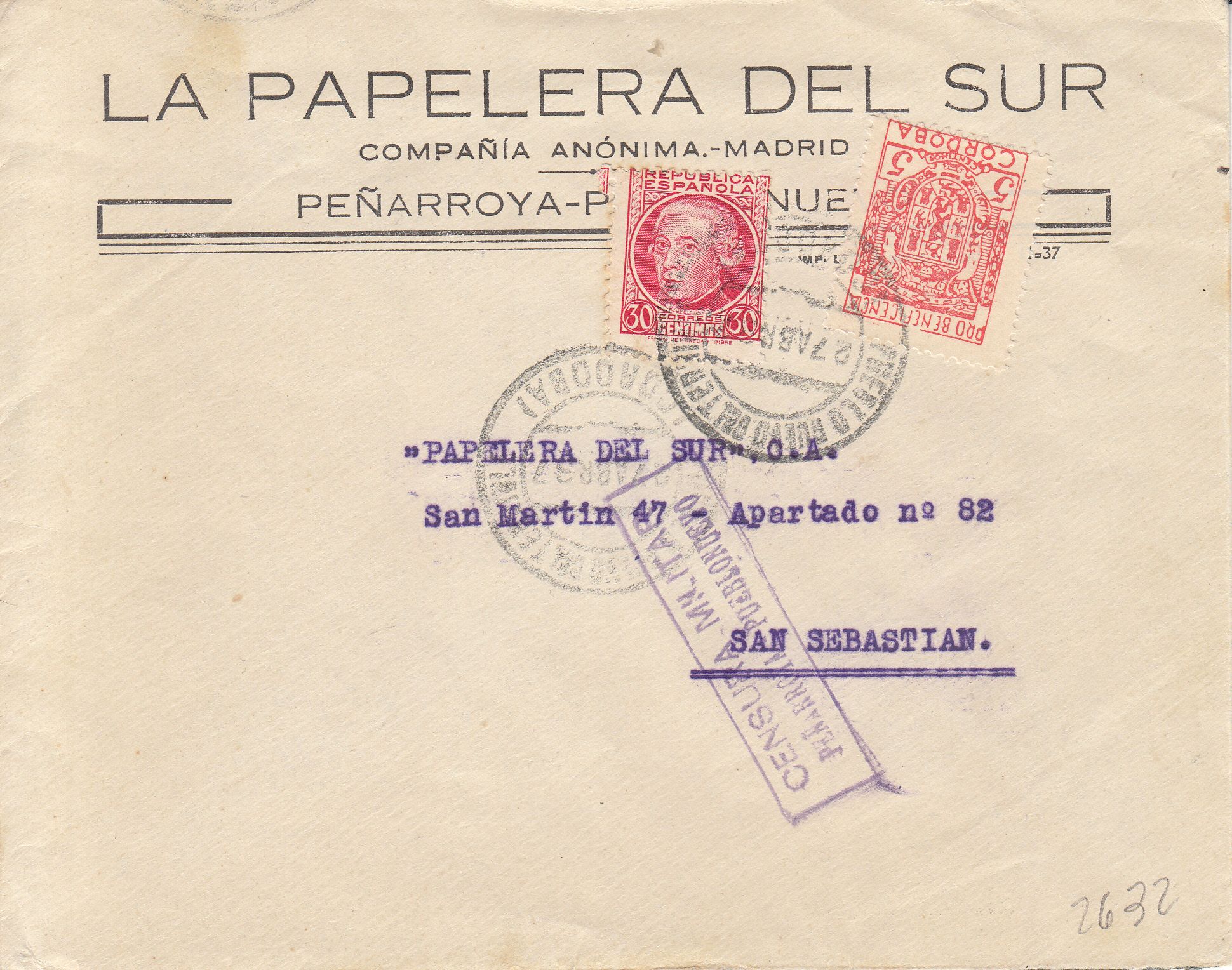 imagen-13-9600.jpg CRCAR192 SOBRE DE PEÑARROYA-PUEBLO NUEVO (CORDOBA) A SAN SEBASTIAN CON SELLOS Nº 687 Y BENEFICO DE CORDOBA. RARO MATASELLO DE P - Imagen 1