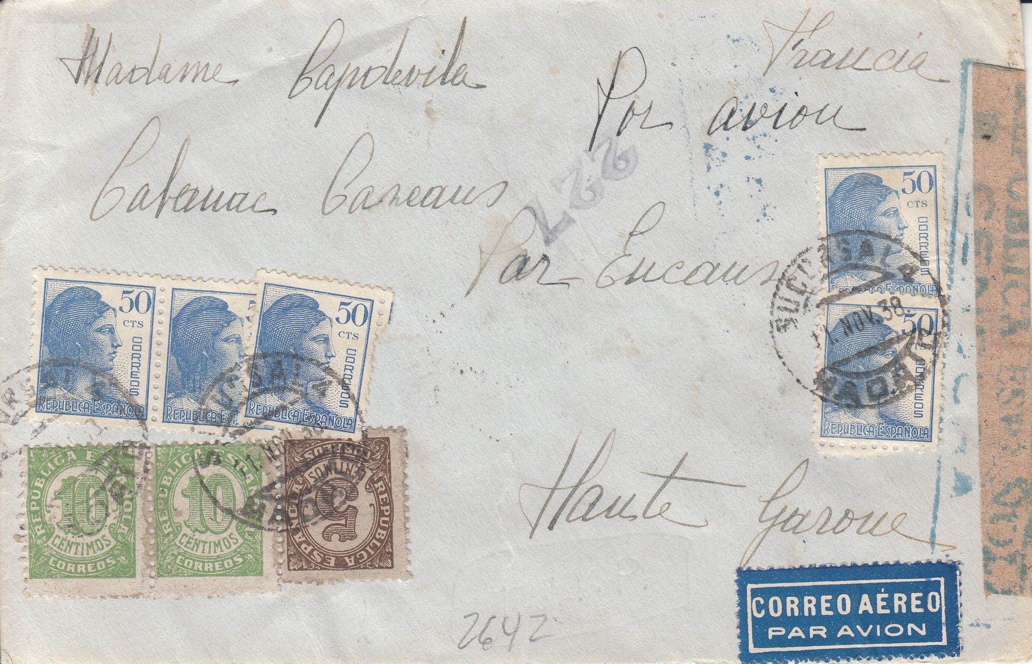 imagen-13-9602.jpg CRCAR194 SOBRE DE MADRID A FRANCIA CON SELLOS Nº 745, 746 -2- Y 753 -5- MARCA DE CENSURA EN AZUL. AL DORSO SELLOS BENEFICOS Nº 2 - Imagen 1