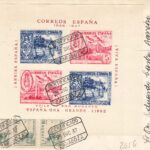 CRCAR197 RARO SOBRE DE ZARAGOZA A BURGOS SELLOS 817 -3- Y 283 CATALOGO GALVEZ. HOJA BLOQUE SIN DENTAR DE EPILE (ZARAGOZA) AL DOR