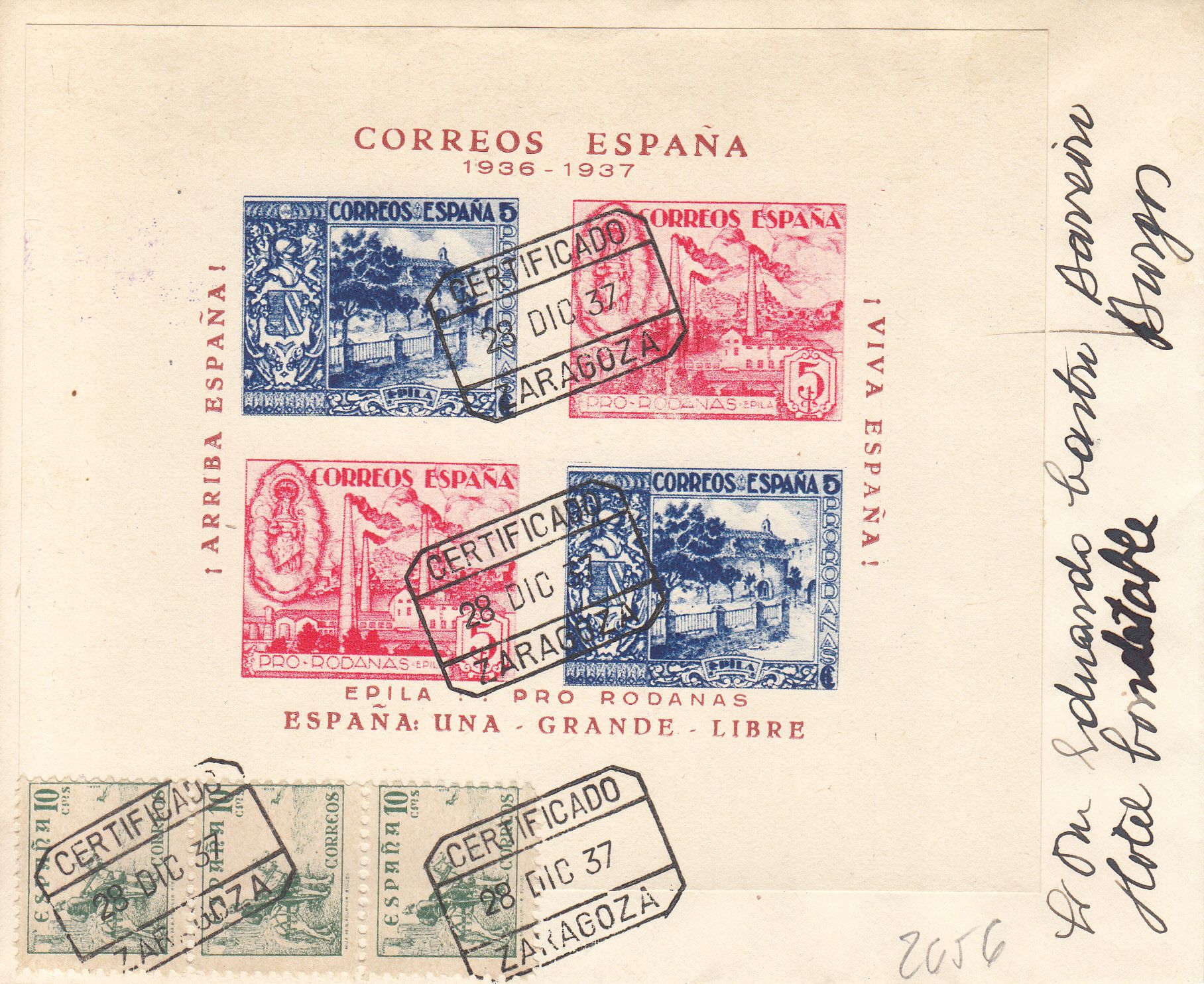 imagen-13-9605.jpg CRCAR197 RARO SOBRE DE ZARAGOZA A BURGOS SELLOS 817 -3- Y 283 CATALOGO GALVEZ. HOJA BLOQUE SIN DENTAR DE EPILE (ZARAGOZA) AL DOR - Imagen 1
