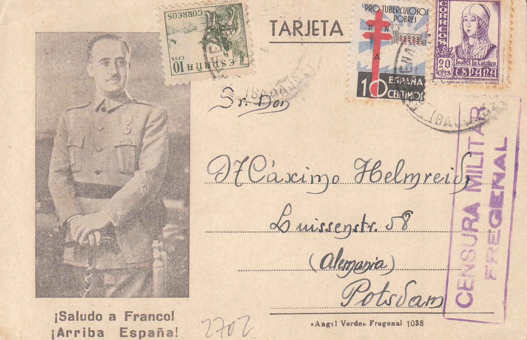 imagen-13-9662.jpg CRCAR207 TARJETA POSTAL CON EFIGIE DE FRANCO CON LOS SELLOS Nº 817, 855 Y 866. CENSURA EN VIOLETA DE FREGENAL DE LA SIERRA. - Imagen 1