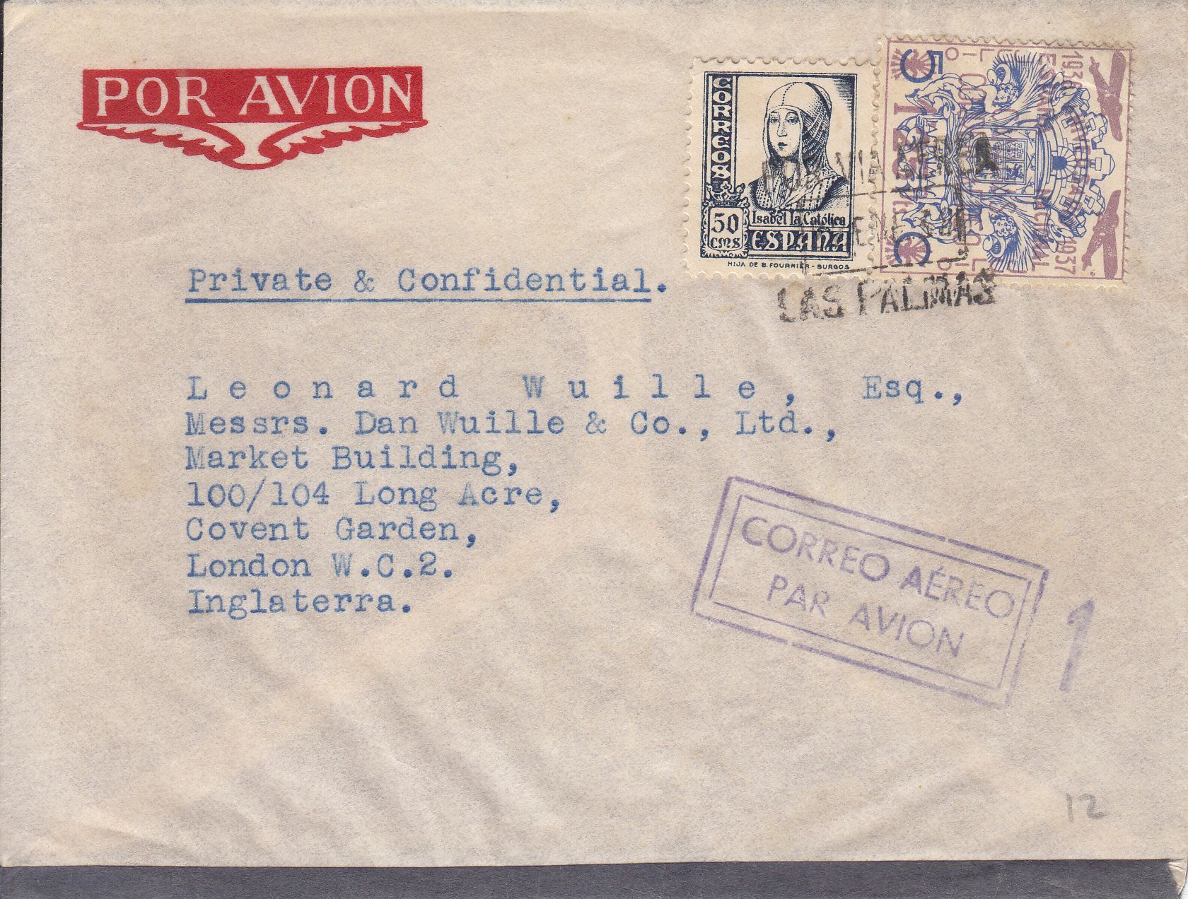 imagen-13-9665.jpg CRCAR210 SOBRE SIN SOLAPA DE LAS PALMAS A LONDRES CON SELLO Nº 825 Y LOCAL 33. AL DORSO CENSURA MILITAR DE LAS PALMAS - Imagen 1