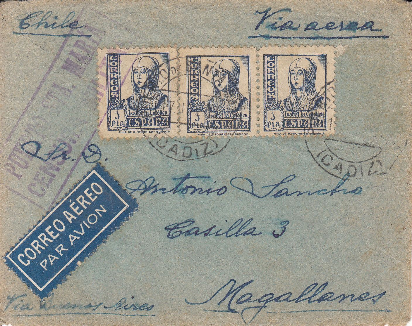 imagen-13-9668.jpg CRCAR213 SOBRE DEL PUERTO SANTA MARIA A MAGALLANES (CHILE) CON 3 SELLOS Nº 860. CENSURA MILITAR DEL PUERTO. AMBULANTE SEVILLA-CA - Imagen 1