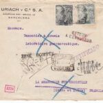 CRCAR214 RARO SOBRE DE BARCELONA A FRANCIA CON SELLOS 875 Y 925. MATASELLO DEL 31-07-1940. MARCA DE ZONA OCUPADA  ALEMANIA EN NEG