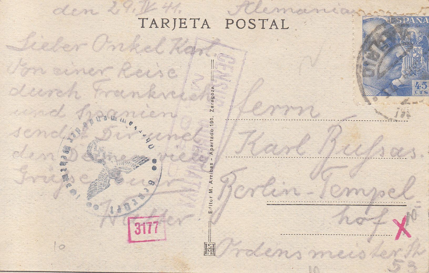 imagen-13-9676.jpg CRCAR221 TARJETA POSTAL DE MADRID A BERLIN CON SELLO Nº 926. DOBLE CENSURA GUBERNATIVA DE MADRID Y AUTORIDAD ALEMANA CON Nº CENS - Imagen 1