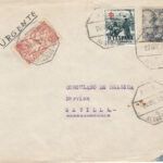 CRCAR231 SOBRE DE ALGECIRAS A SEVILLA CON SELLOS Nº 879, 1053 Y 1104. MATASELLOS AMBULANTE -5- ALGECIRAS 22-12-42.