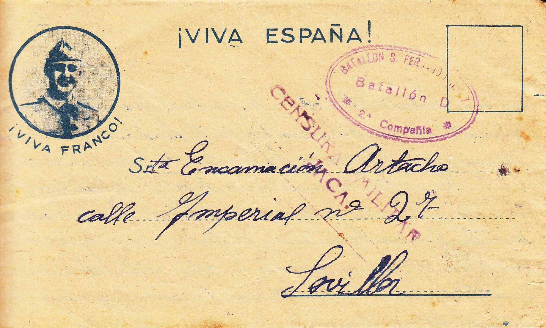 imagen-13-9696.jpg CRCAR241 CURIOSO SOBRE CARTA CON EFIGIE DE FRANCO, CENSURA MILITAR DE JACA Y MARCA VIOLETA DEL BATALLON SAN FERNANDO, Nº 1-D-2º. - Imagen 1