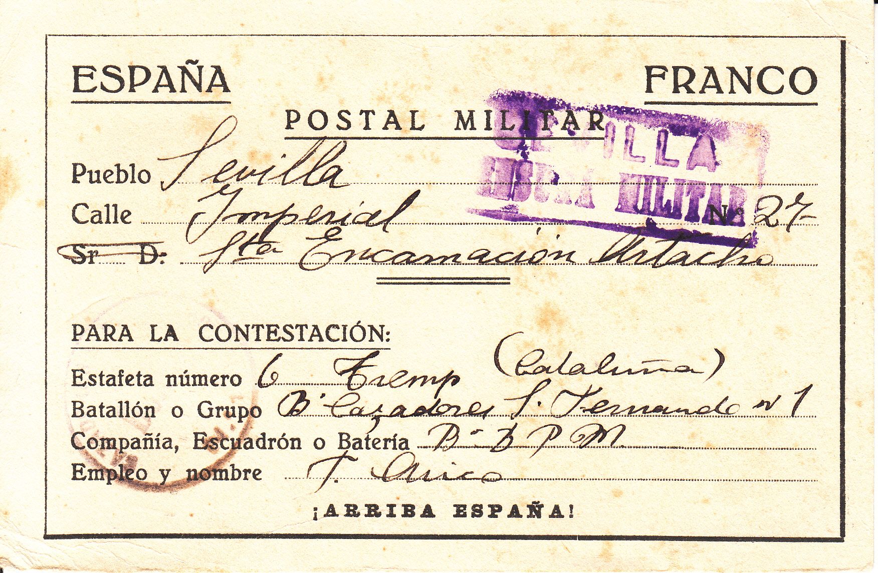 imagen-13-9697.jpg CRCAR242 TARJETA POSTAL MILITAR DESDE BATALLON CAZADORES SAN FERNANDO 1 DESDE TREMP (CATALUÑA) A SEVILLA CON MARCA DEL BATALLON - Imagen 1