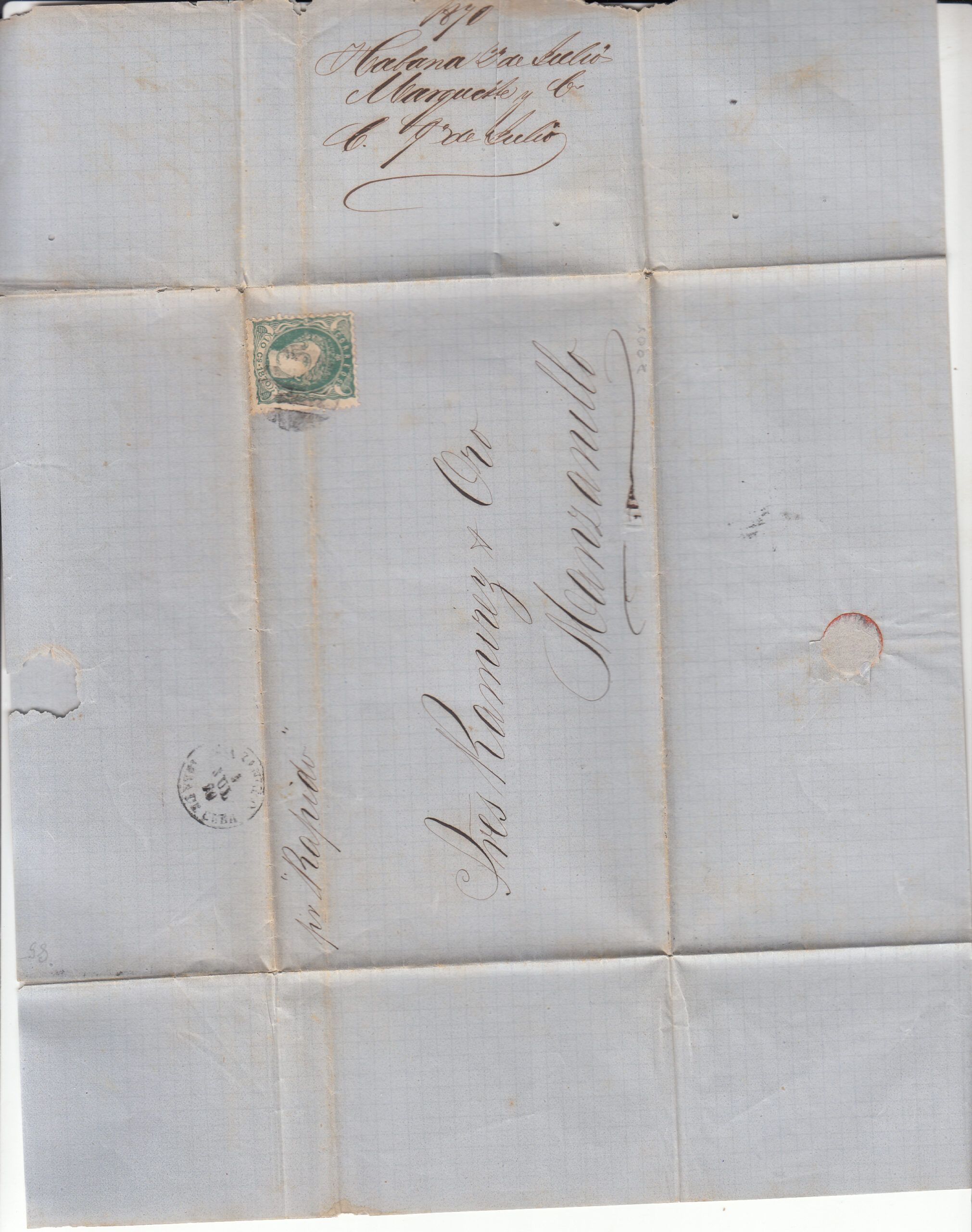 imagen-13-9776.jpg CRCAR259 CARTA COMPLETA DE LA HABANA A MANZANILLA (HUELVA) CON SELLO Nº 19 DE ANTILLAS. MATASELLO ILEGIBLE. - Imagen 1