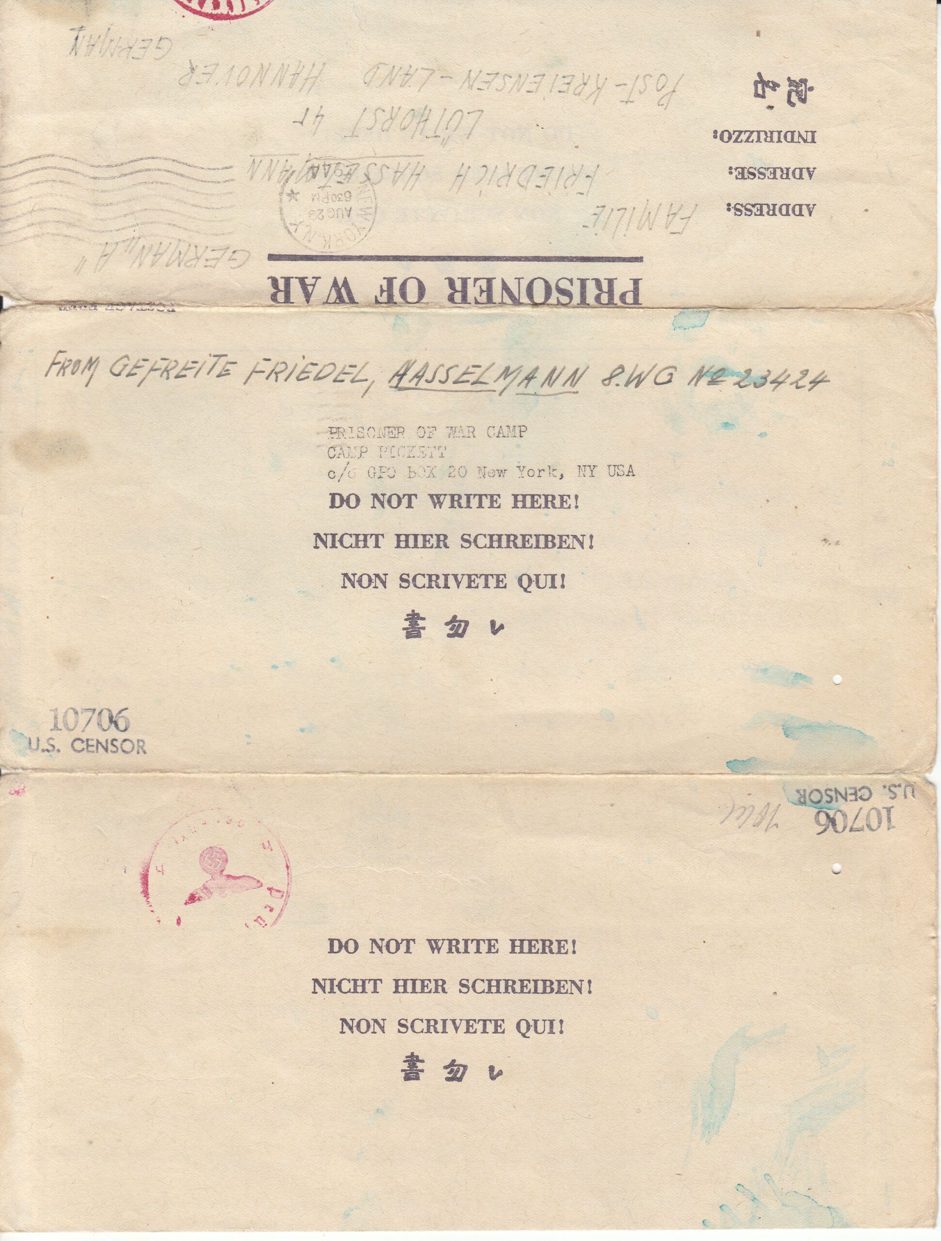 imagen-13-9782.jpg CRCAR265 CARTA COMPLETA DEL CAMPO DE PRISIONERO DE CAMP PICKETT EN EEUU FECHADOR 18-08-44 VER OBSERVACION - Imagen 1