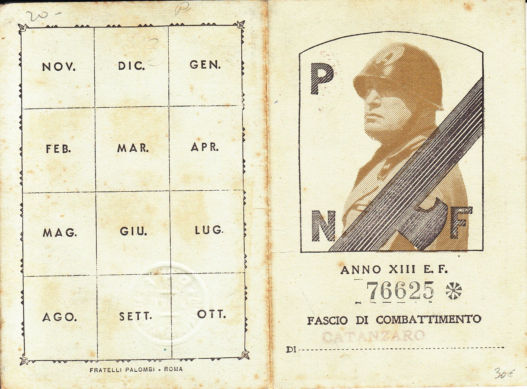 imagen-13-9800.jpg CRCAR282 TARJETA ITALIANA DE IDENTIFICACION DEL PARTIDO FASCISTA DEL AÑO 1934 EN CATANZARO - Imagen 1
